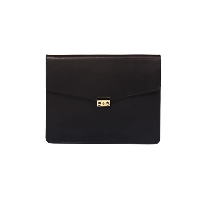 Black 15-inch full-grain leather lock portfolio case for laptop