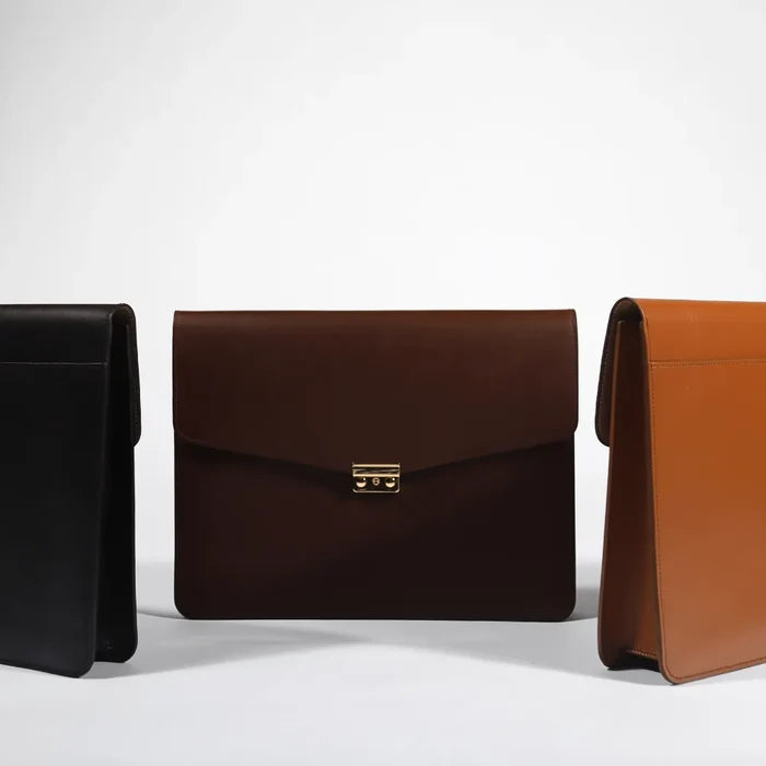 Full-grain leather laptop portfolio with suede-lined interior