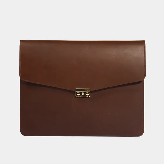 Brown 15-inch full-grain leather lock portfolio case for laptop