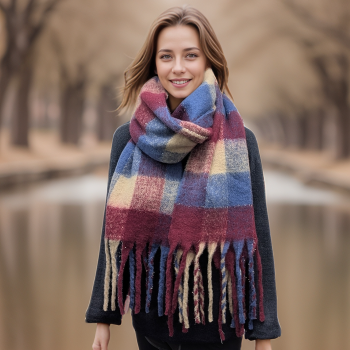 Agung - Super Thick Boxes Scarf (45x180cm) - Maroon/Navy