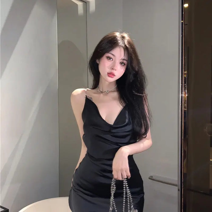 Black Backless Pearl Dress fashionnsio
