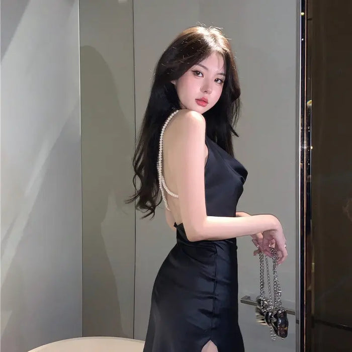 Black Backless Pearl Dress fashionnsio