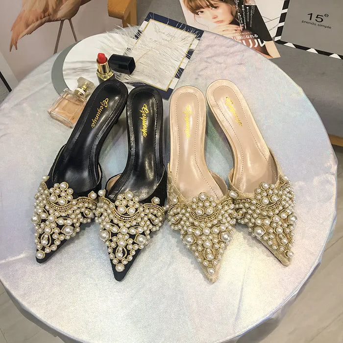 Beaded Pearl Crystal Lace Heels fashionnsio