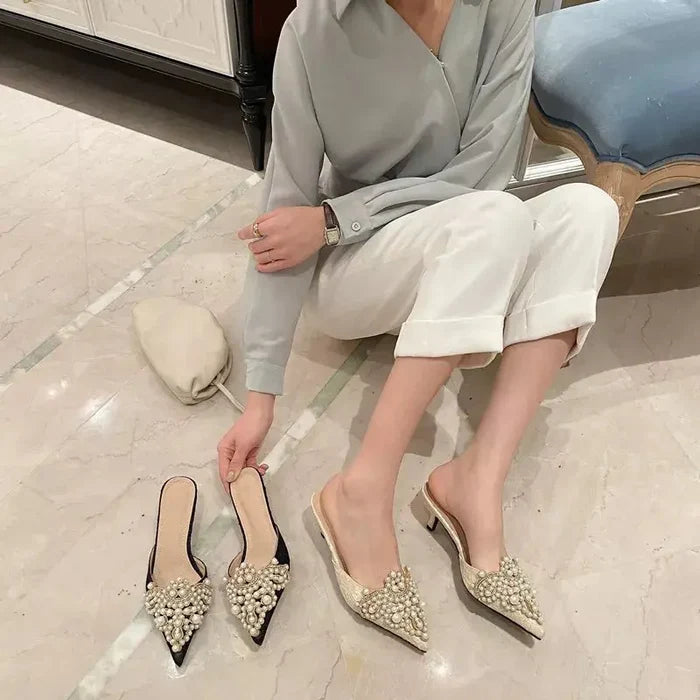 Beaded Pearl Crystal Lace Heels fashionnsio