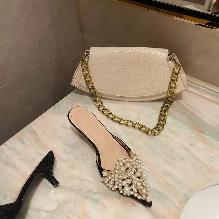 Beaded Pearl Crystal Lace Heels fashionnsio