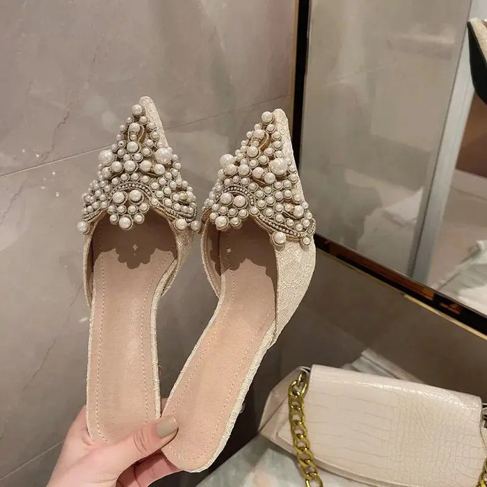 Beaded Pearl Crystal Lace Heels fashionnsio