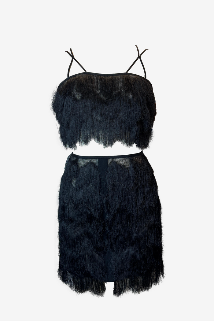 Bettina Liano Black Fringe Skirt and Top Set image 0