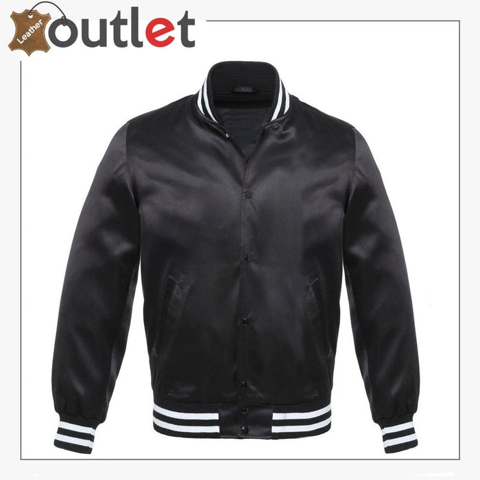 Black Bomber Style Leather Varsity Jacket - Leather Outlet