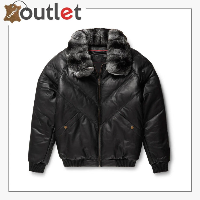 Black Leather Chinchilla Collar V Bomber Jacket - Leather Outlet