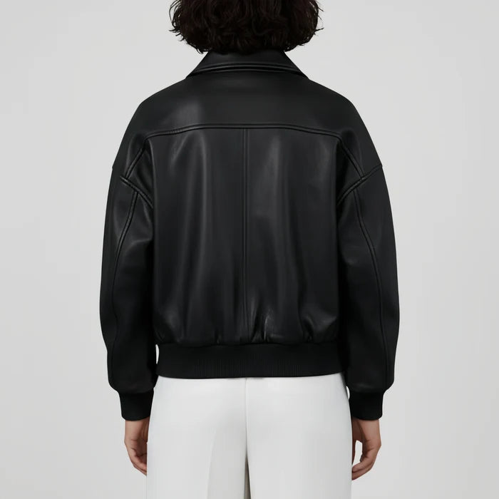 Black Oversized Leather Bomber Jacket For Women's