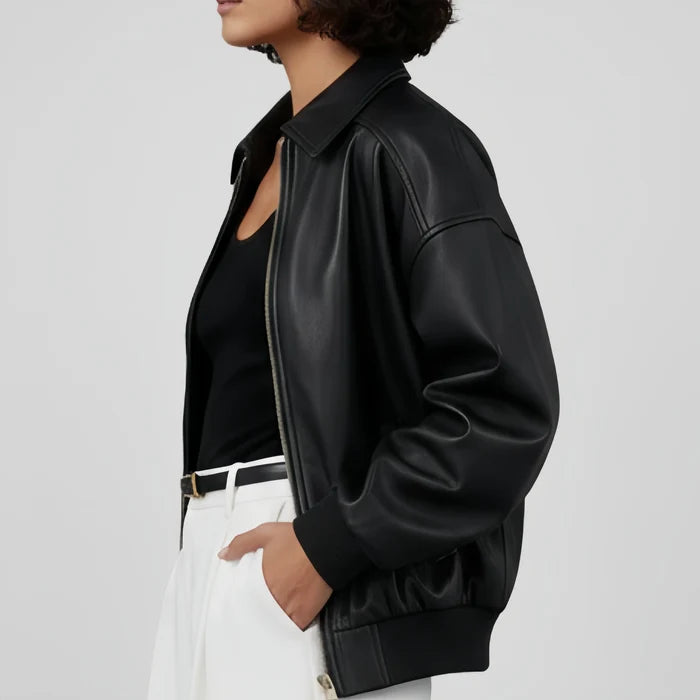 Black Oversized Leather Bomber Jacket For Women's