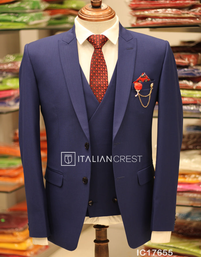 Blue 3-Piece Peak Lapel Suit