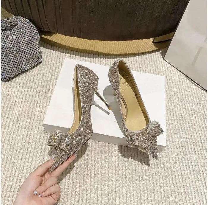 Shiny Diamond Bow Knot Heels fashionnsio