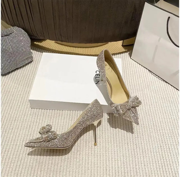 Shiny Diamond Bow Knot Heels fashionnsio