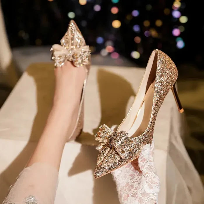 Shiny Diamond Bow Knot Heels fashionnsio