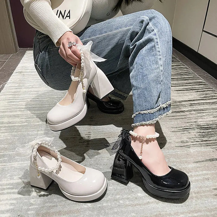 Mesh Bow Pearl Chunky Heels fashionnsio