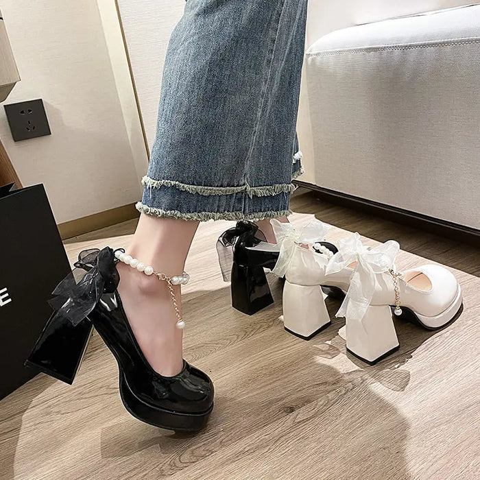 Mesh Bow Pearl Chunky Heels fashionnsio