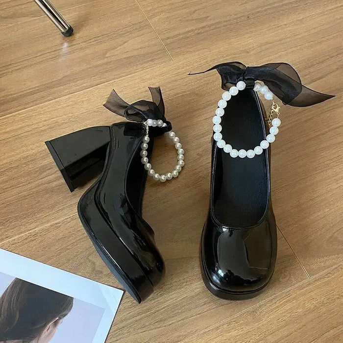 Mesh Bow Pearl Chunky Heels fashionnsio
