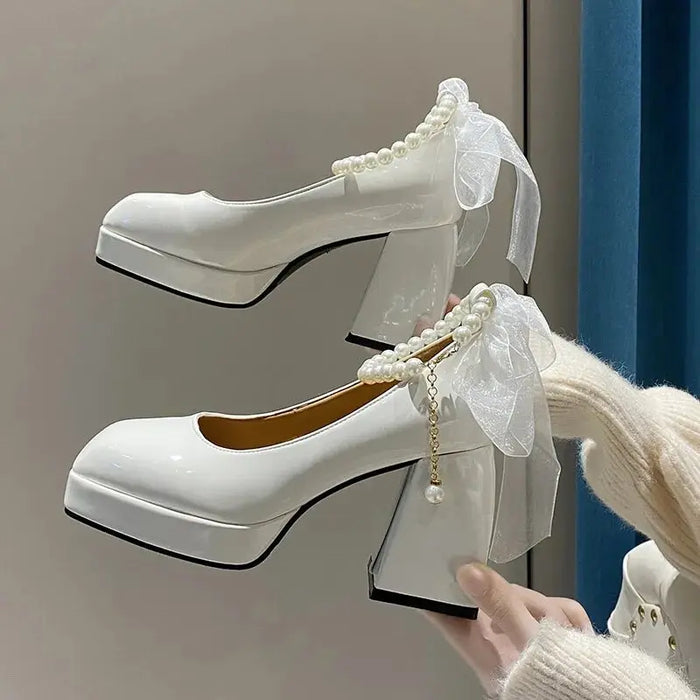 Mesh Bow Pearl Chunky Heels fashionnsio