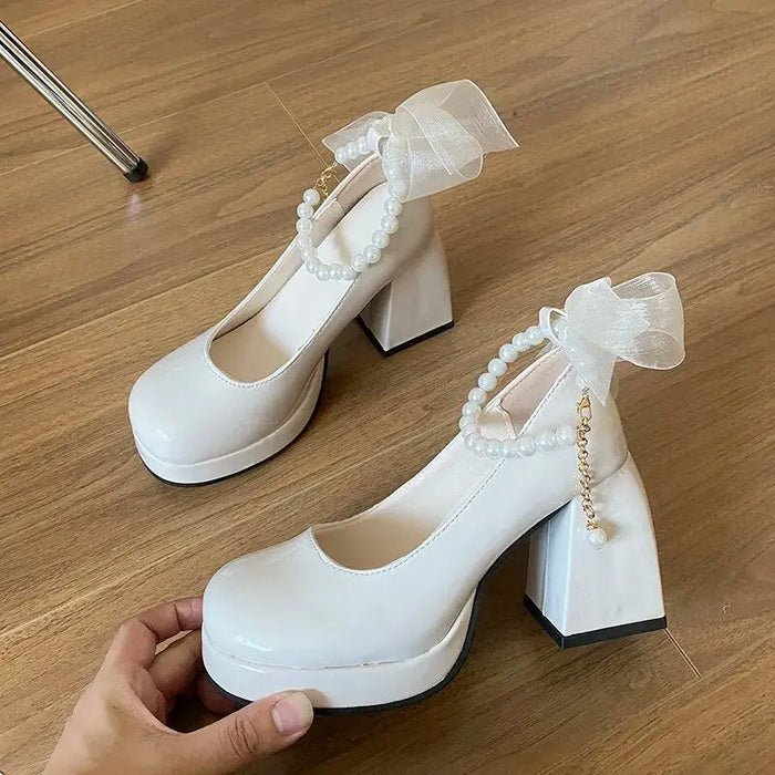 Mesh Bow Pearl Chunky Heels fashionnsio