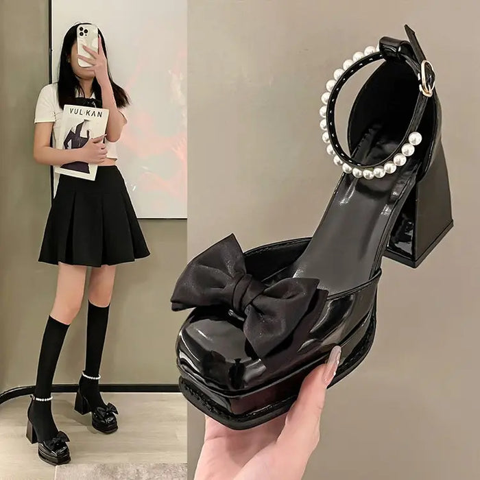 Chunky Pearl Bow Platform Heel fashionnsio