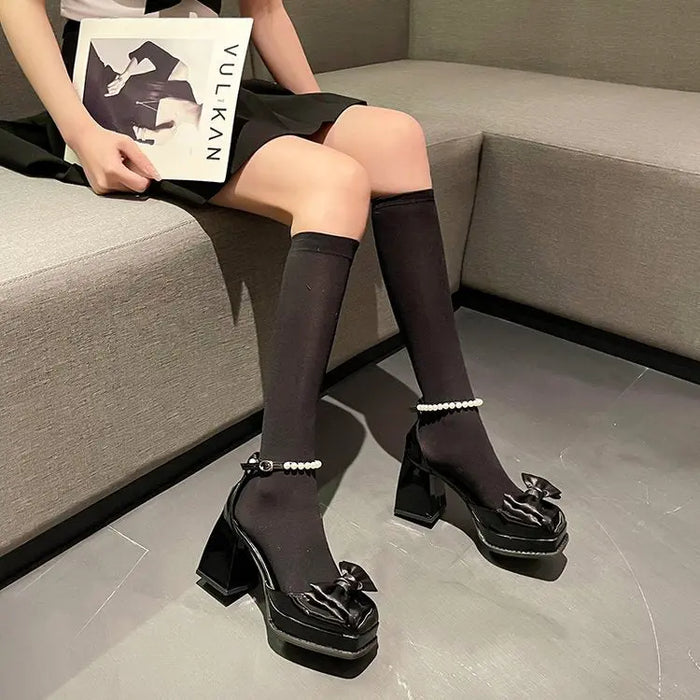 Chunky Pearl Bow Platform Heel fashionnsio