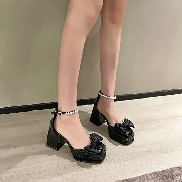 Chunky Pearl Bow Platform Heel fashionnsio