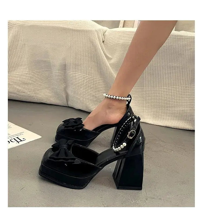 Chunky Pearl Bow Platform Heel fashionnsio
