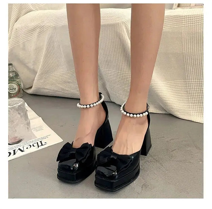 Chunky Pearl Bow Platform Heel fashionnsio
