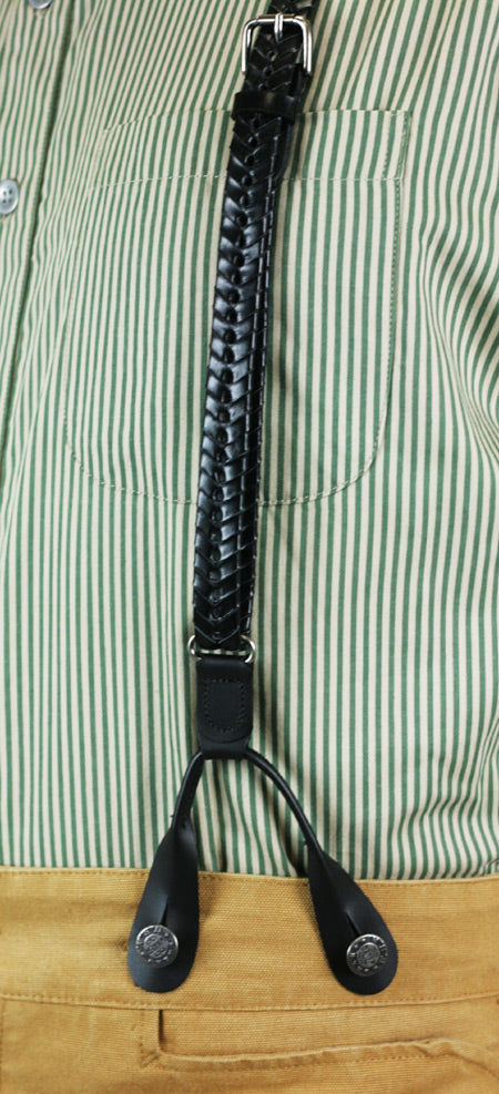 Braided Leather Suspenders - Black (Long)