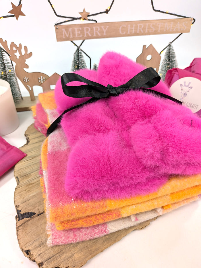 Bright & Bold Gift Set – Pink Faux Fur Mittens & Oversized Check Scarf
