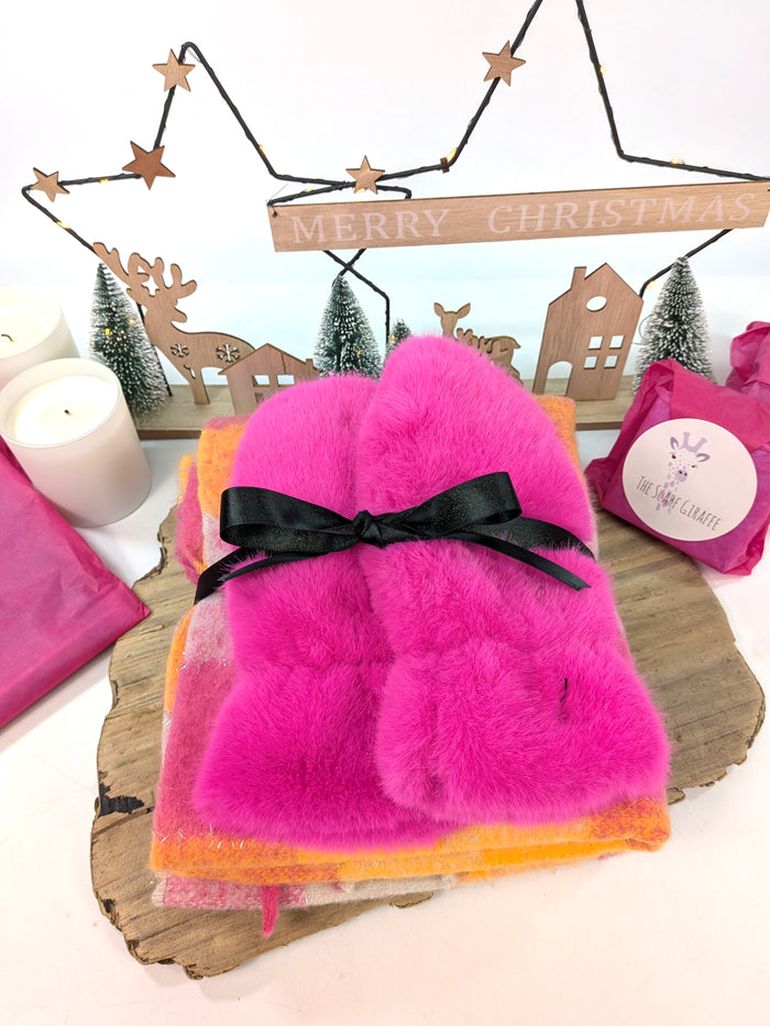 Bright & Bold Gift Set – Pink Faux Fur Mittens & Oversized Check Scarf