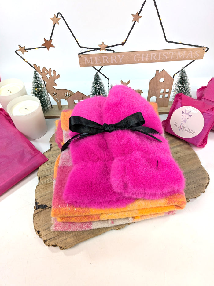 Bright & Bold Gift Set – Pink Faux Fur Mittens & Oversized Check Scarf