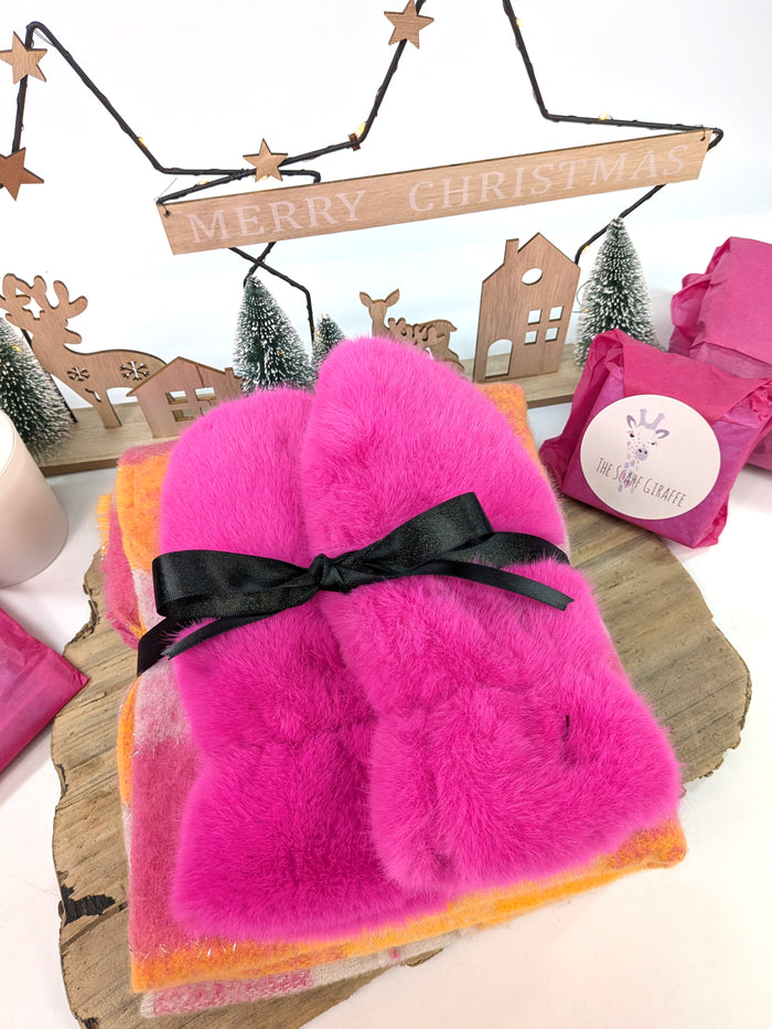 Bright & Bold Gift Set – Pink Faux Fur Mittens & Oversized Check Scarf