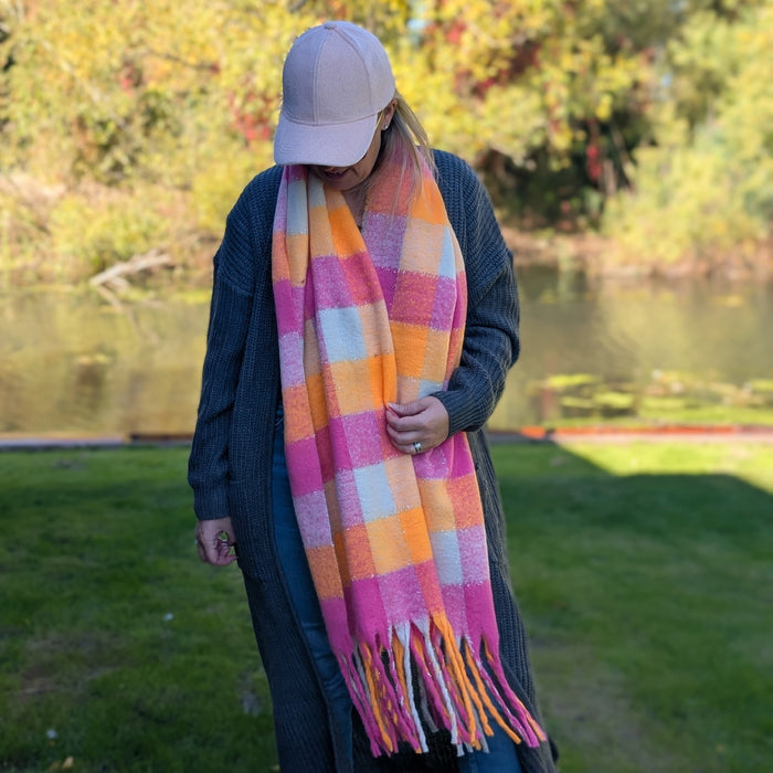 Bright & Bold Gift Set – Pink Faux Fur Mittens & Oversized Check Scarf