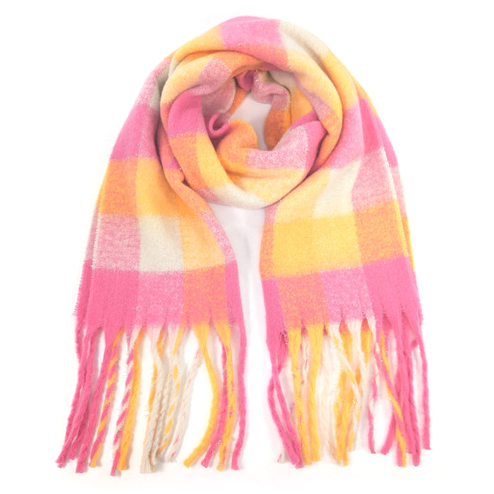 Bright & Bold Gift Set – Pink Faux Fur Mittens & Oversized Check Scarf