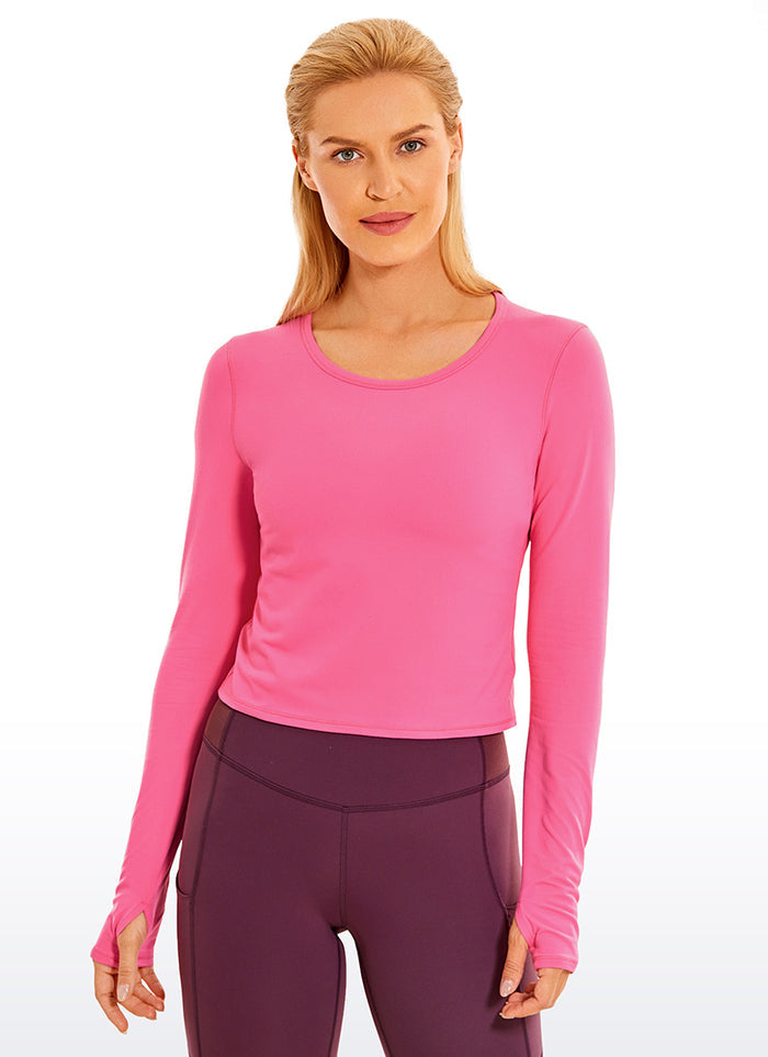 CRZ YOGA Women's Run Train Slim Fit Tops Brushed Long Sleeves Cropped Magenta
