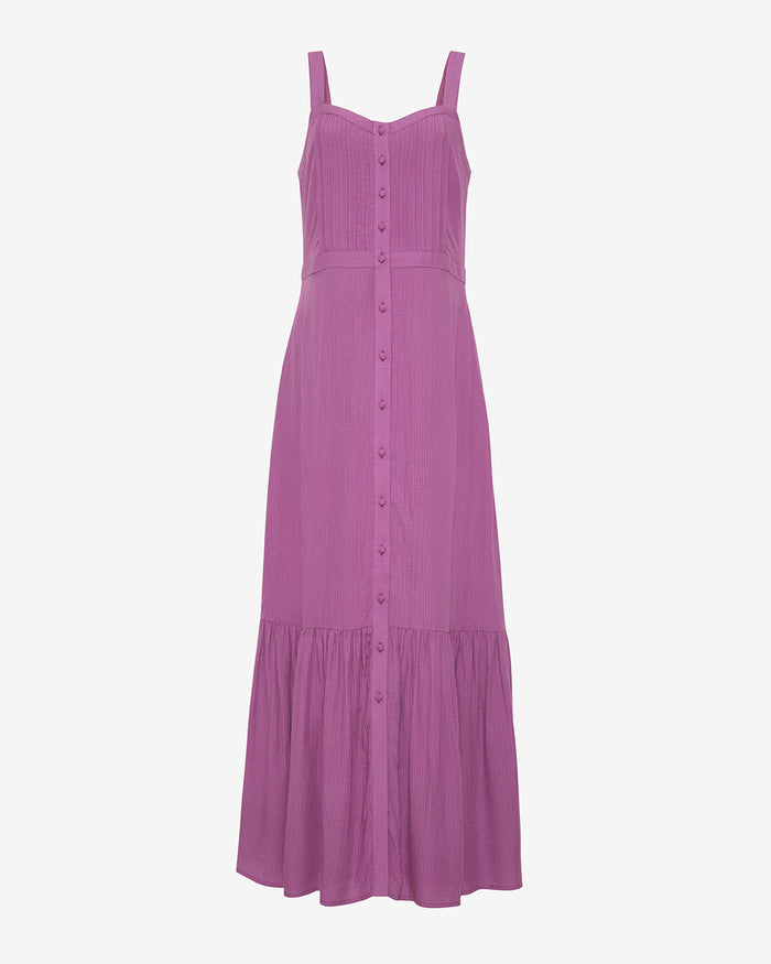 The Draper James Brynn Sleeveless Midi Dress in Amethyst features a fitted bodice, wide straps, button front, and ruffled hem—shown against a plain white background.