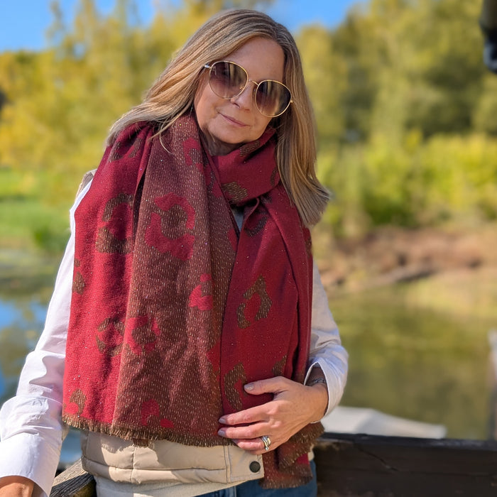 Bukit - Sparkling Animal Print Pashmina Scarf (60x180cm) - Rich Red