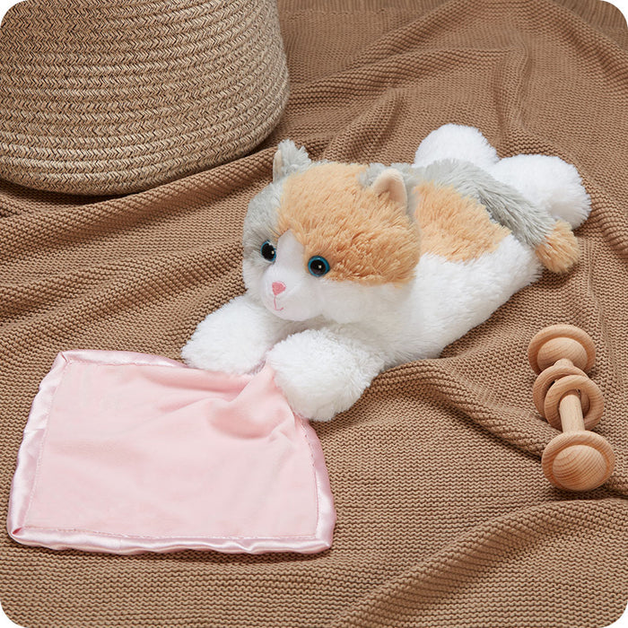 calico cat blankie on baby blanket with toys