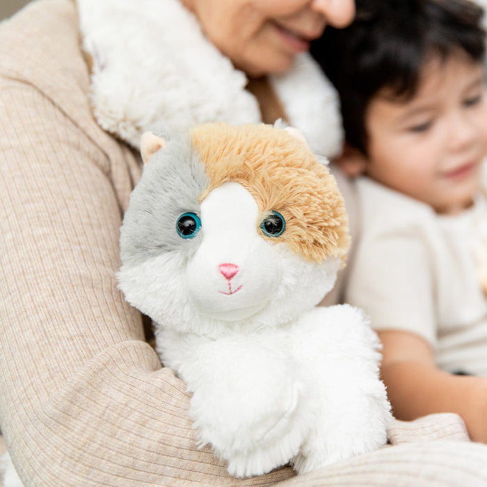 Grandma and child cuddling Soft Warm Weighted Calico Cat Plush Warmies