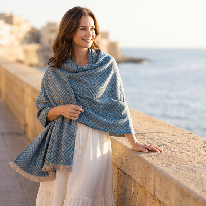 Cekik - Maze Pattern Pashmina Scarf (65x185cm) - Blue