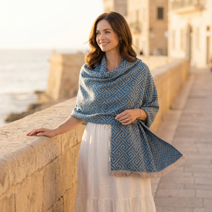 Cekik - Maze Pattern Pashmina Scarf (65x185cm) - Blue