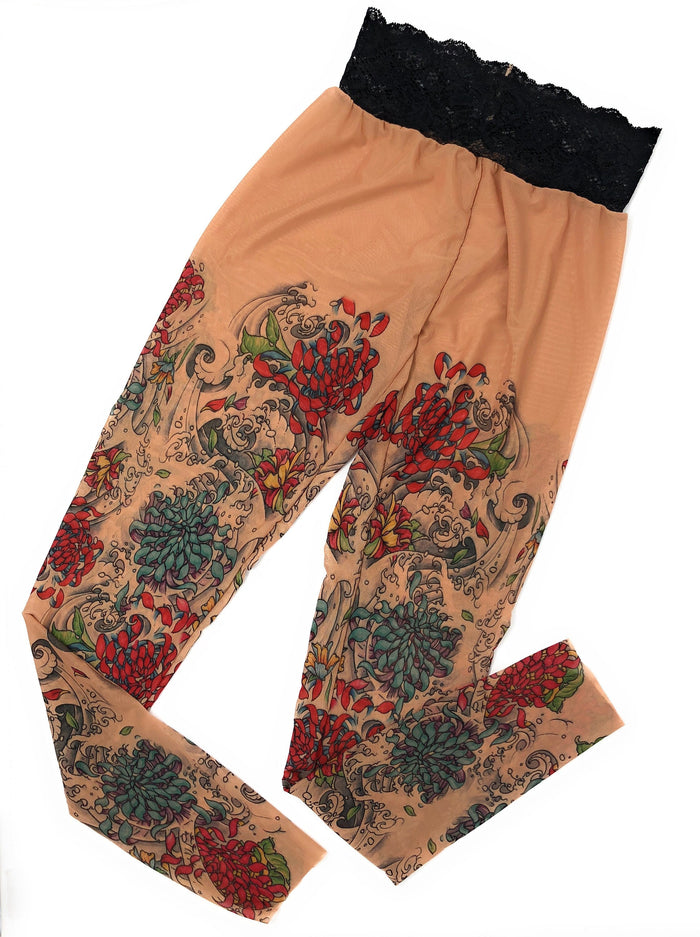 Chrysanthemums, Peonies and Grey Water Tattoo Leggings