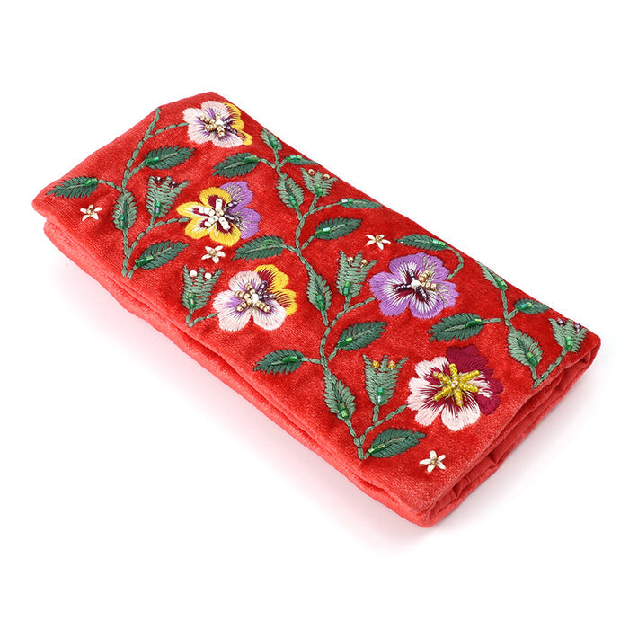 Coral Red Velvet Pansies Embroidered Jewellery Roll