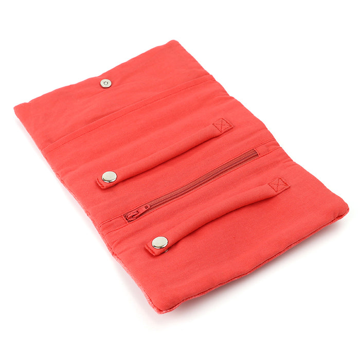 Coral Red Velvet Pansies Embroidered Jewellery Roll