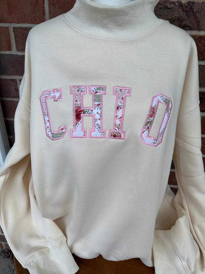 Cream Satin Embroidered Fabric Mock Neck