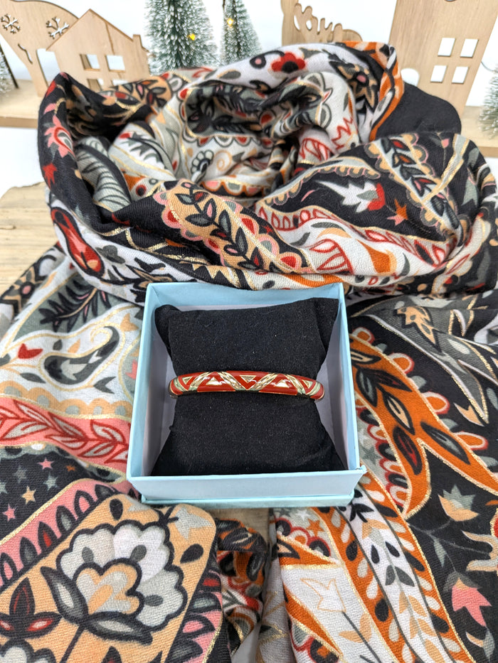 Crimson Paisley Gift Set – Scarf & Red Geometric Bangle