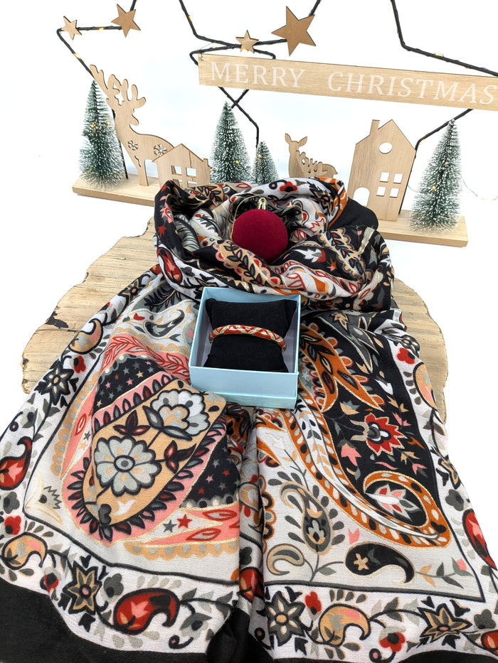 Crimson Paisley Gift Set – Scarf & Red Geometric Bangle