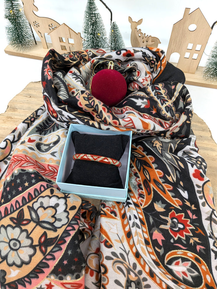 Crimson Paisley Gift Set – Scarf & Red Geometric Bangle